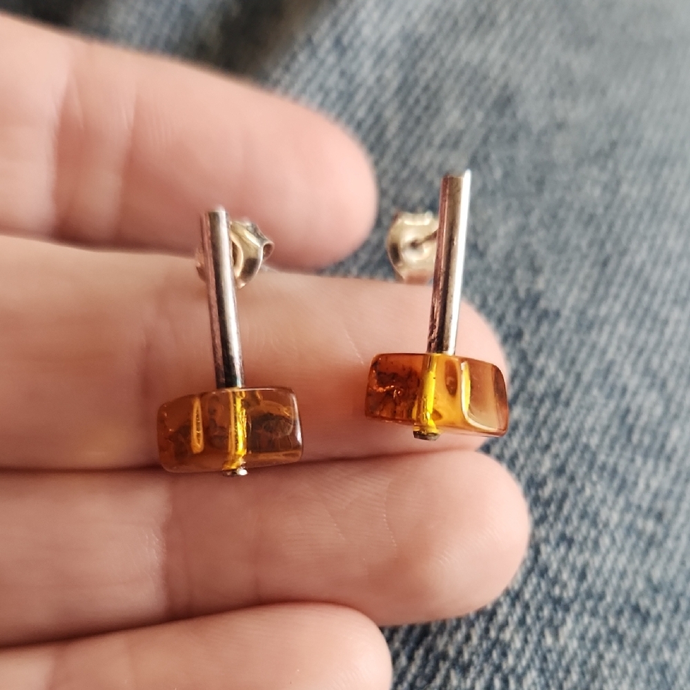Vintage Amber and Sterling Silver Bar Earrings